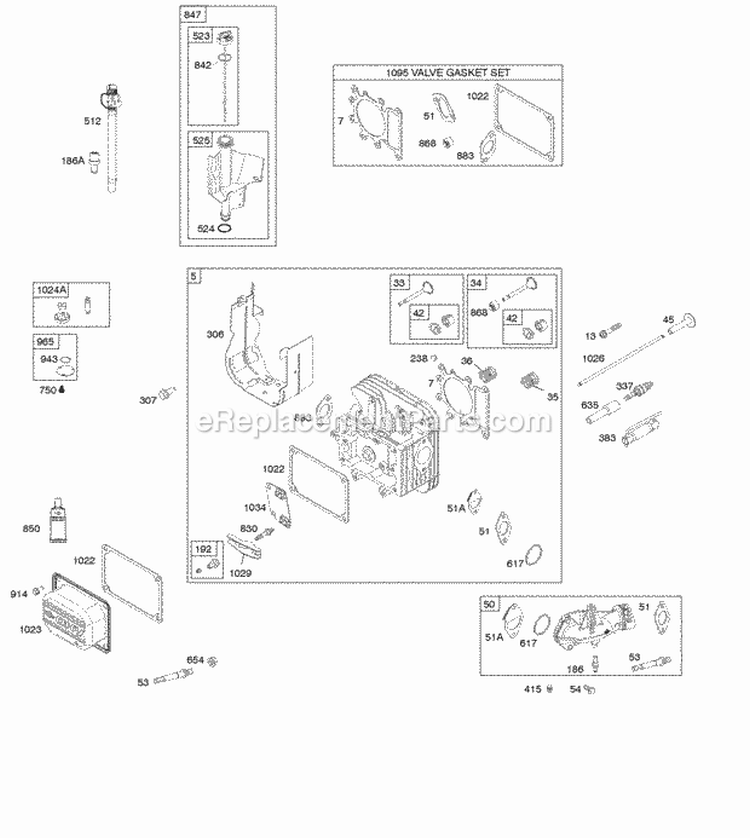 Cylinder Head Gasket Set-Valve Intake Manifold Lubrication Valves Diagram and Parts List for 31P677-0123-B1  Briggs and Stratton Engine